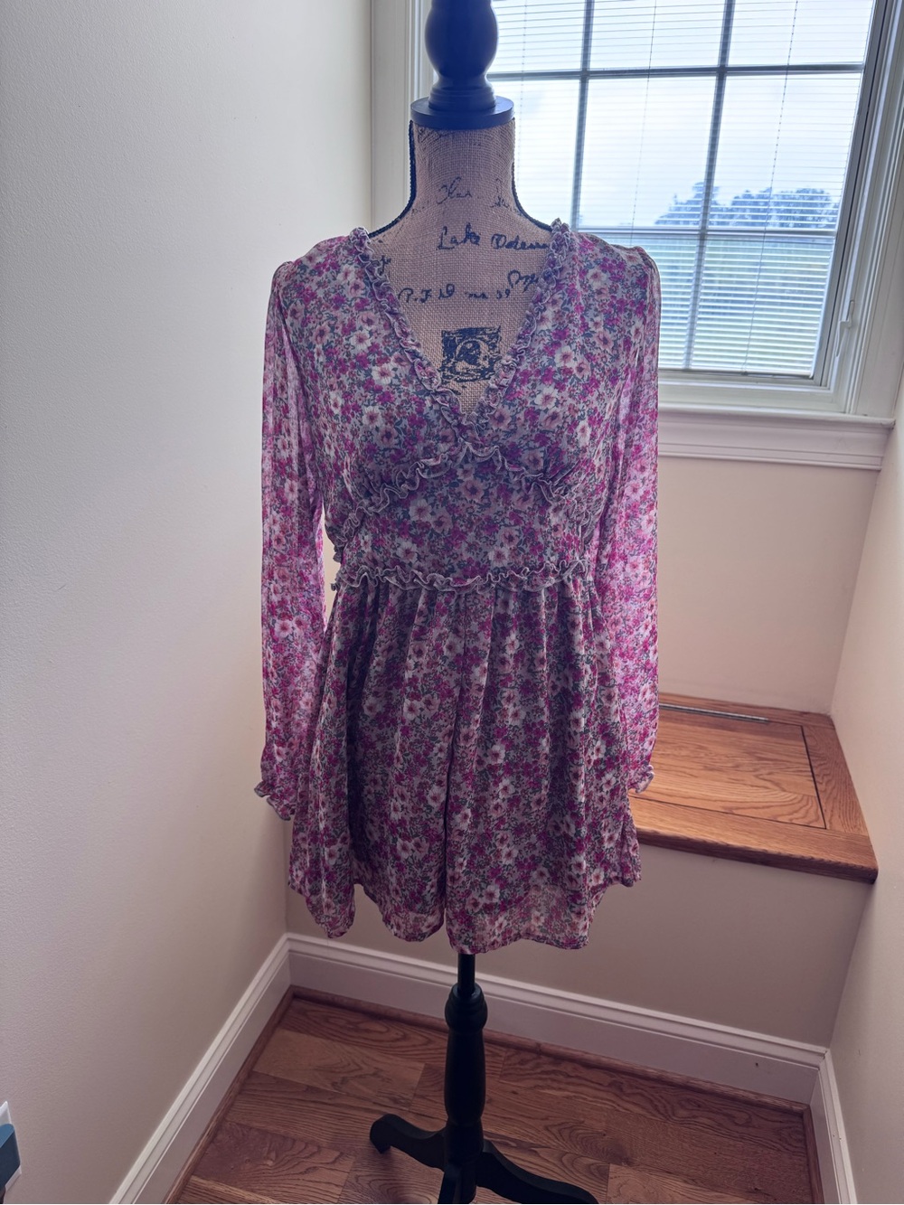 miami Pink Floral Ruffle V-Neck Long Sleeve Dress